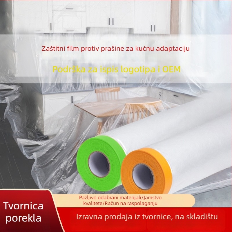 Prozirna maskirajuća folija za zaštitu od prašine pri bojanju namještaja i garderobe – 7 μm, 20 m duljine, 95% prozirnosti, PE s papirnom podlogom, maskirajući ljepilo