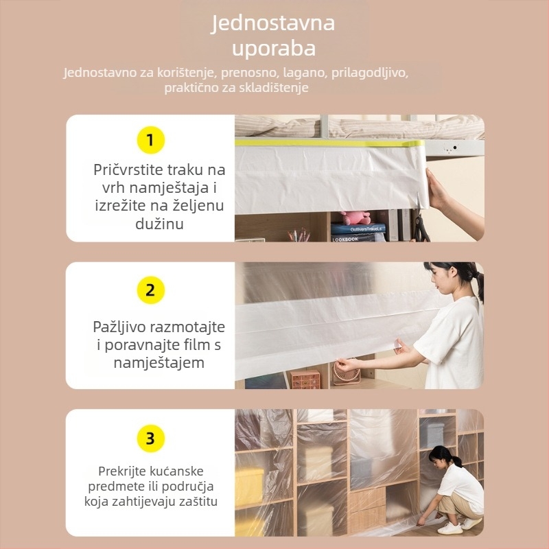 Prozirna maskirajuća folija za zaštitu od prašine pri bojanju namještaja i garderobe – 7 μm, 20 m duljine, 95% prozirnosti, PE s papirnom podlogom, maskirajući ljepilo