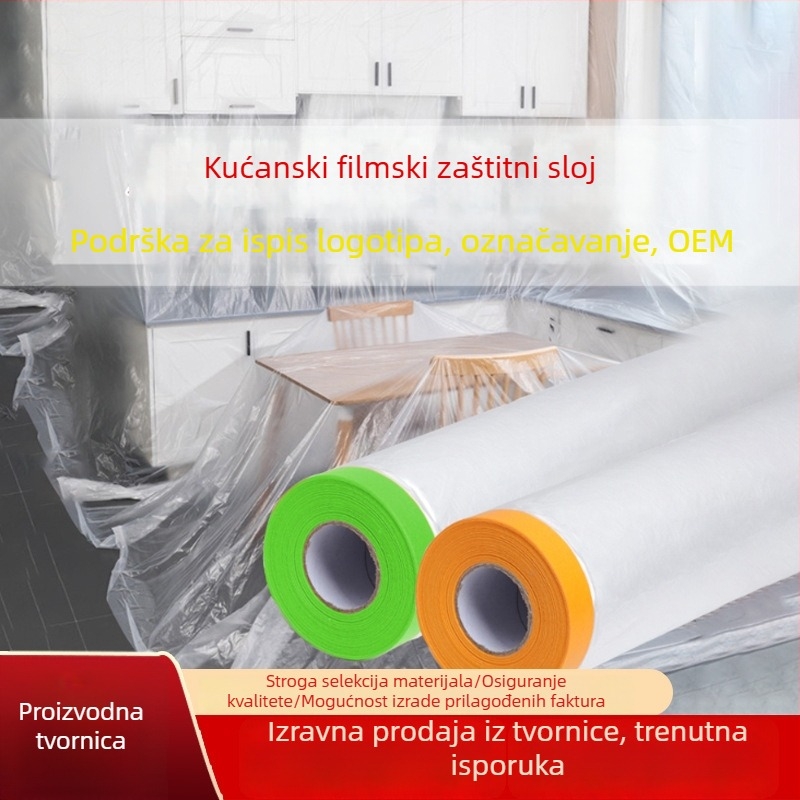 Prozirna maskirajuća folija za zaštitu od prašine pri bojanju namještaja i garderobe – 7 μm, 20 m duljine, 95% prozirnosti, PE s papirnom podlogom, maskirajući ljepilo