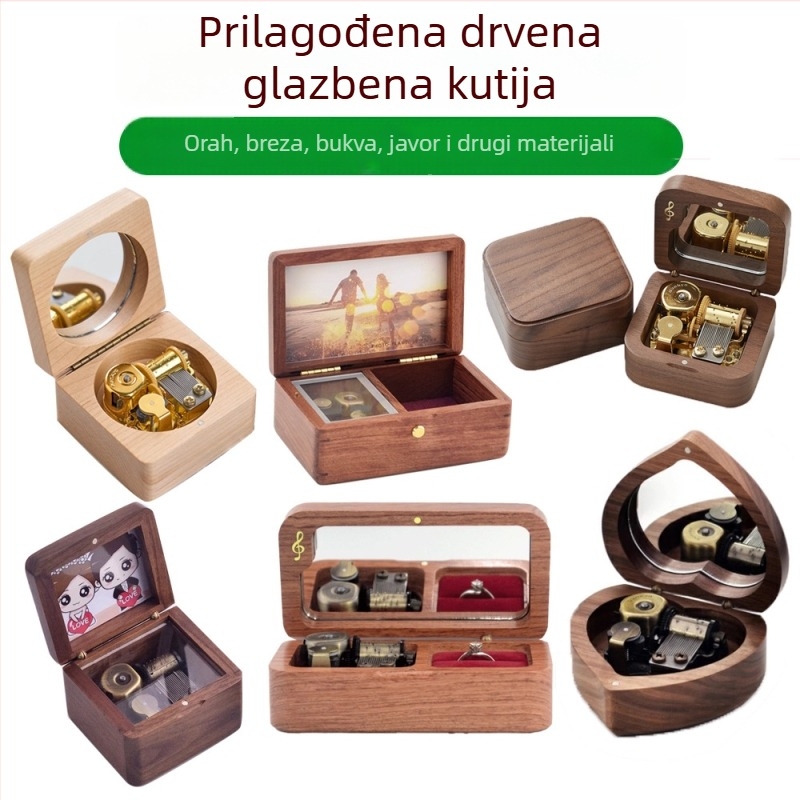 Drvena glazbena kutija za nakit i prstenje, orahovo drvo, suvremeni minimalistički stil, mogućnost printanja logotipa, proizvodni kod 2024061702