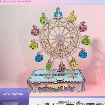 Drvena DIY Ferris Wheel s glazbenom kutijom – ručna izrada, graviranje, UV ispis, moderan minimalistički stil, prilagodljiv dar