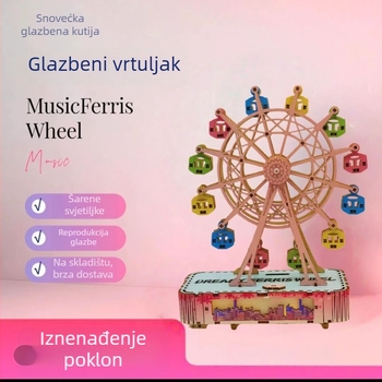 Drvena DIY Ferris Wheel s glazbenom kutijom – ručna izrada, graviranje, UV ispis, moderan minimalistički stil, prilagodljiv dar