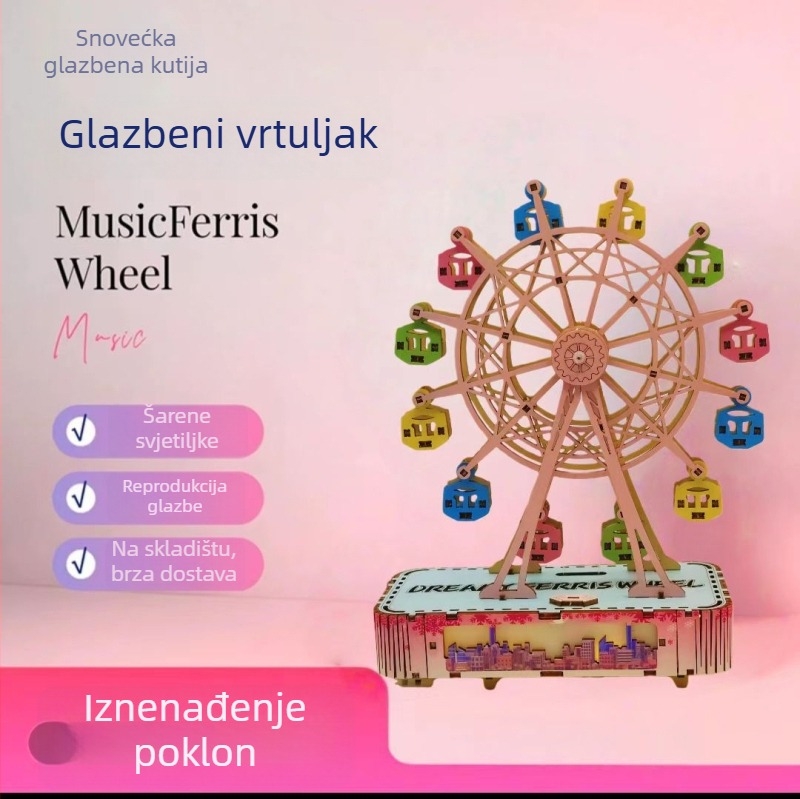 Drvena DIY Ferris Wheel s glazbenom kutijom – ručna izrada, graviranje, UV ispis, moderan minimalistički stil, prilagodljiv dar