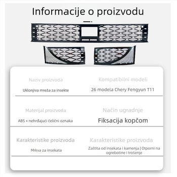 Insektima zaštitna mreža prednjeg hladnjaka – Materijal: ABS + mreža od nehrđajućeg čelika 304; Životni vijek: 3 godine