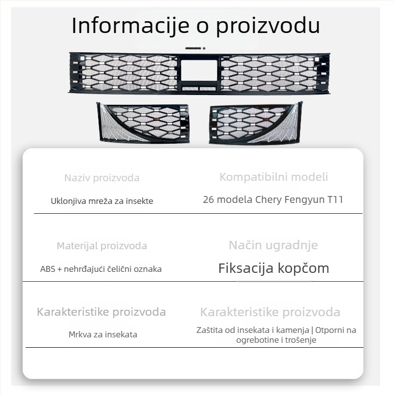 Insektima zaštitna mreža prednjeg hladnjaka – Materijal: ABS + mreža od nehrđajućeg čelika 304; Životni vijek: 3 godine