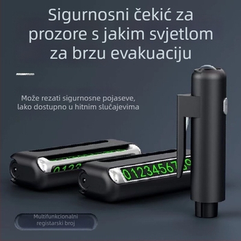 Automobilski sigurnosni čekić s četiri u jednu funkciju: lomljenje stakla, svjetlo, kartica za parkiranje; materijal metal+ABS