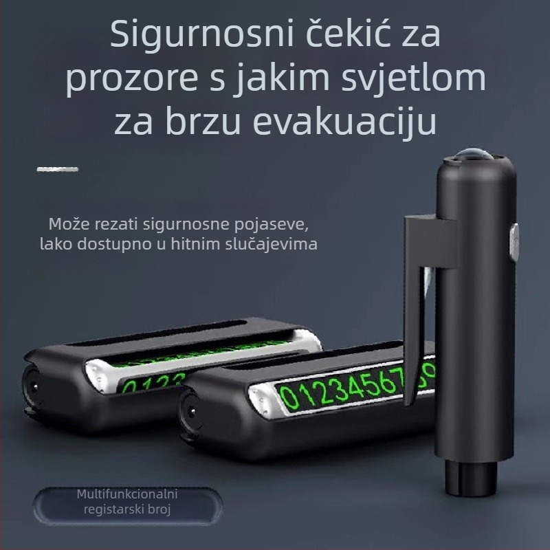 Automobilski sigurnosni čekić s četiri u jednu funkciju: lomljenje stakla, svjetlo, kartica za parkiranje; materijal metal+ABS