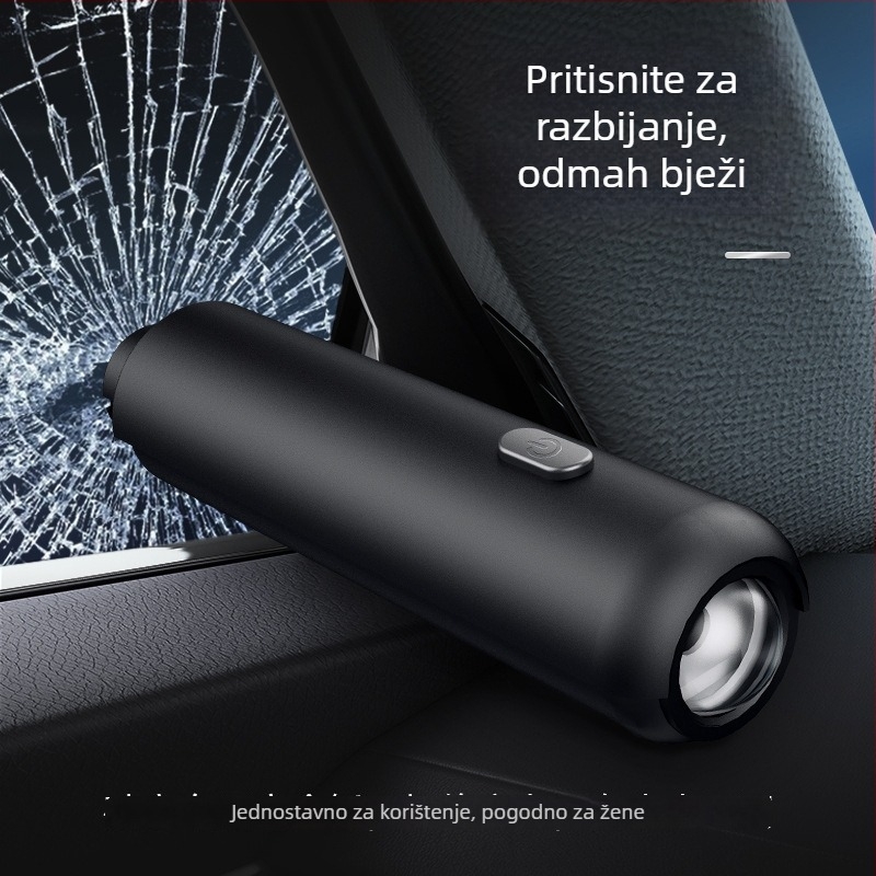 Automobilski sigurnosni čekić s četiri u jednu funkciju: lomljenje stakla, svjetlo, kartica za parkiranje; materijal metal+ABS