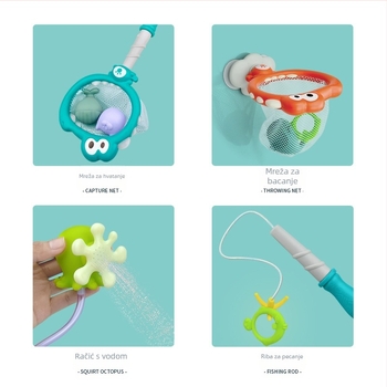 Kupaća igračka 4-u-1: vodeni sprej, mreža za hvatanje ribe, igra gađanja i vodena zabava u kadi (materijal: plastika; prikladno za bebe i djecu; dob: 0–2 godine)