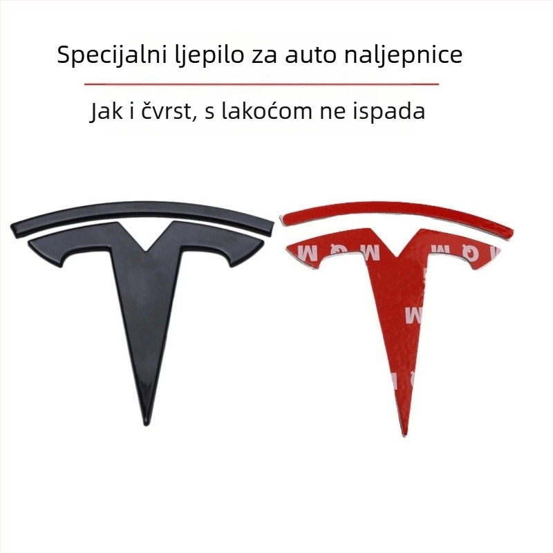 Naljepnica poklopca motora – metalni logotip Tesla Model 3/Y, veličina 8×7.7 cm, ljepilo za montažu, uzorak loga automobila
