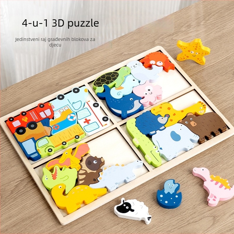 Drveni 3D puzzle za djecu – četiri u jednom edukativna igračka za razvoj finih motoričkih vještina i razmišljanja (uzrast 4–6 godina)
