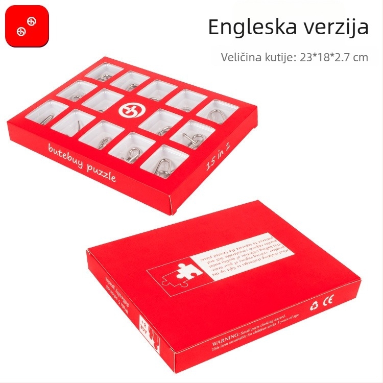 15-dijelni metalni puzzle za otključavanje prstena, uzrast 7–14 godina