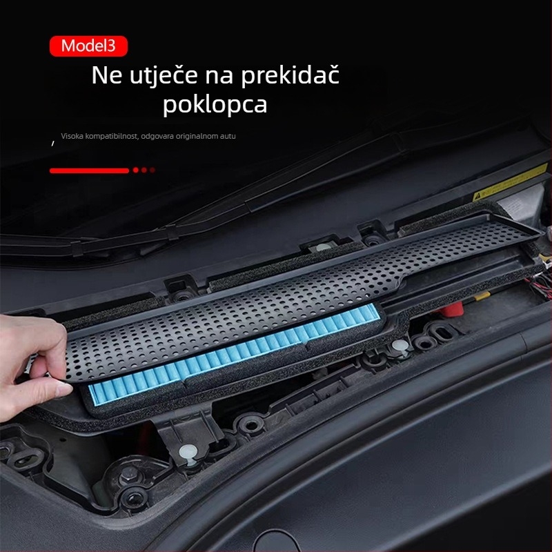 Zaštita ulaza zraka za Tesla Model 3 (2017–2020) mrežom protiv insekata i prašine; materijal: ABS sprej velur neprešiv; moguć otisak logotipa