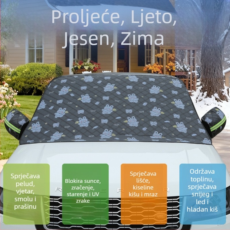 Univerzalni prednji štit automobila – aluminijska folija, debeli karikaturalni stil, ugradnja usisnim čašicama, uzorak: karikatura tulipana, medvjed, zeko