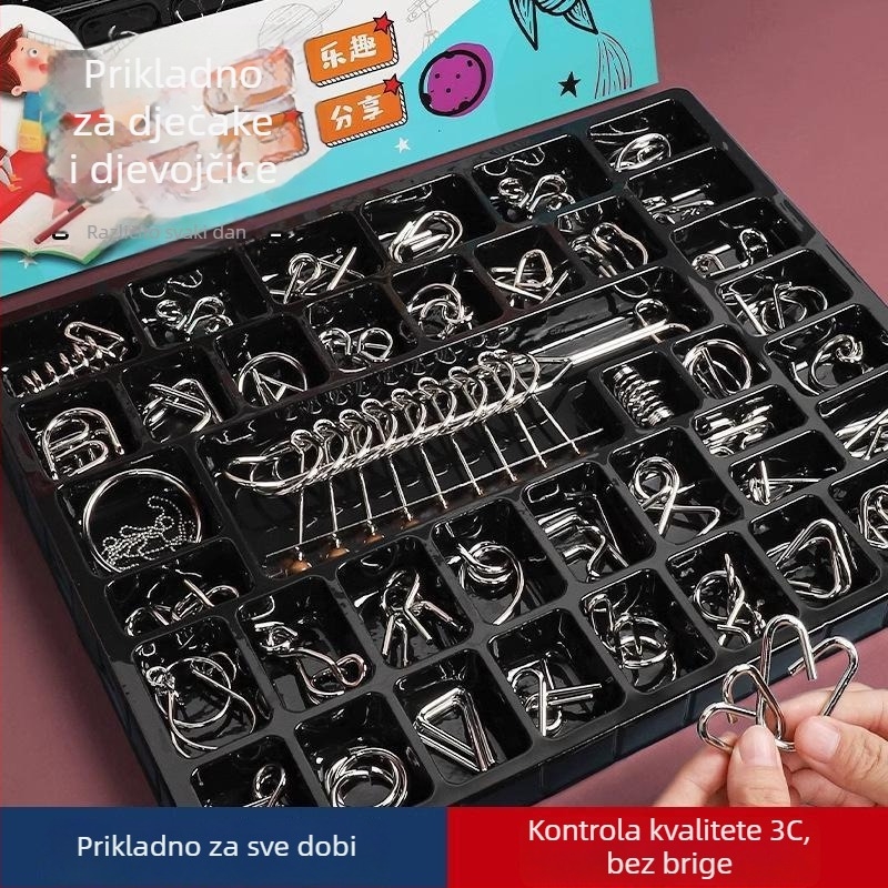 Puzzle Nine Rings (Lu Ban Lock/Kong Ming Lock) - Set od 30 komada, u poklon kutiji, Željezna konstrukcija, Trening strpljenja, Za uzrast 14+
