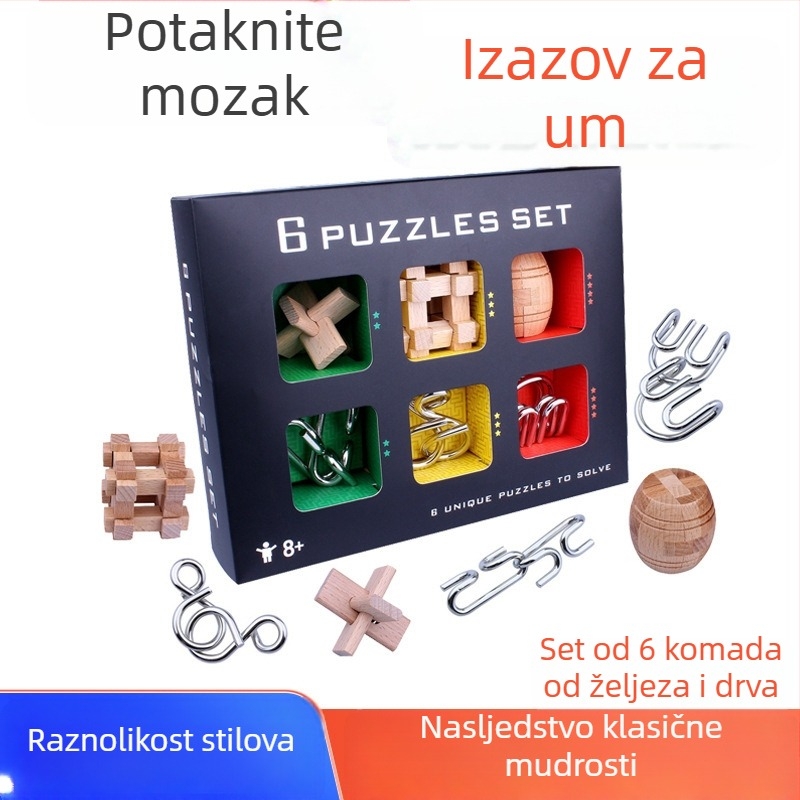 Kongming Lock/Luban Lock puzzle set - drveni, 6 dijelova, za uzrast 7-14 godina