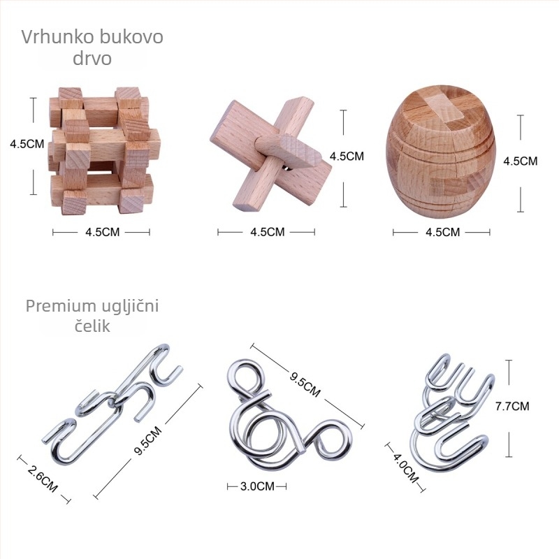 Kongming Lock/Luban Lock puzzle set - drveni, 6 dijelova, za uzrast 7-14 godina