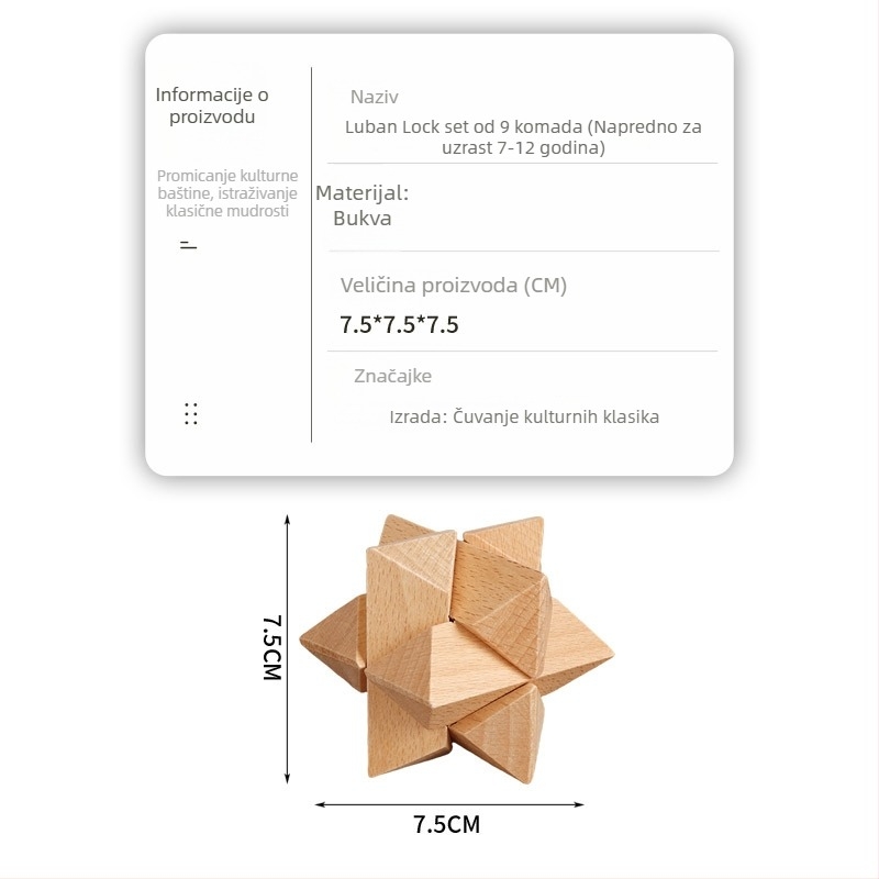 Drveni Kongming/Luban zagon puzzle set za djecu, kompletan set, DIY prilagodba po slikama (4–6 godina)