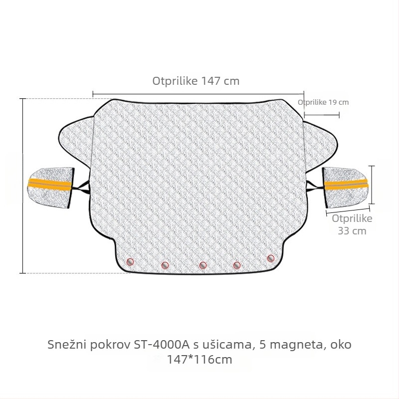 Automobilska snježna navlaka za prednje staklo s postelom od PP pamuka; materijal: aluminijski film + PP pamuk + netkani materijal; ugradnja: tip s karticom; pogodna za prednje staklo; težina: 494 g
