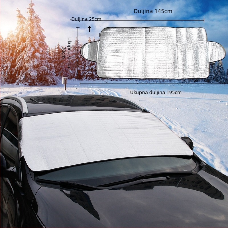 Automobilska snježna navlaka za prednje staklo s postelom od PP pamuka; materijal: aluminijski film + PP pamuk + netkani materijal; ugradnja: tip s karticom; pogodna za prednje staklo; težina: 494 g