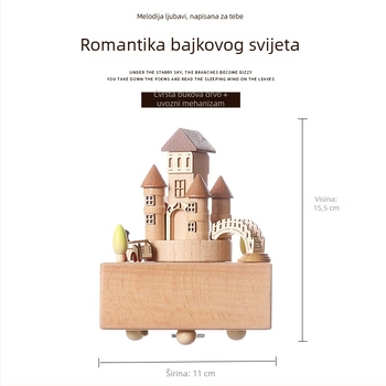 Drvena glazbena kutija s karuselom — tema Dvorac na nebu, prilagođeni logotip, polirana površina, polu-manualni/poluo-mehanički pokret