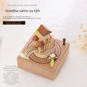 Drvena glazbena kutija s karuselom — tema Dvorac na nebu, prilagođeni logotip, polirana površina, polu-manualni/poluo-mehanički pokret