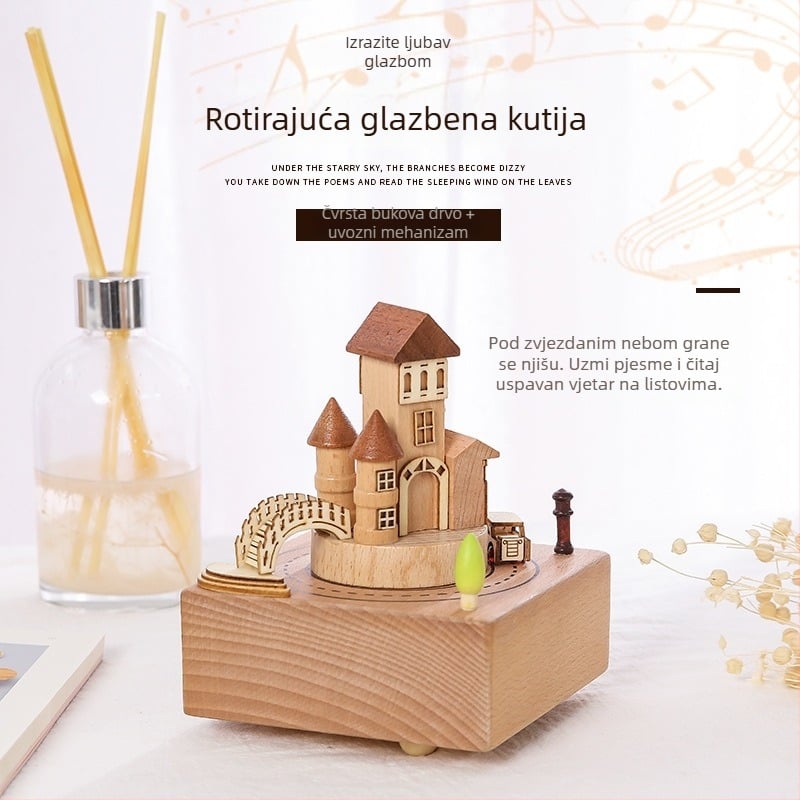 Drvena glazbena kutija s karuselom — tema Dvorac na nebu, prilagođeni logotip, polirana površina, polu-manualni/poluo-mehanički pokret