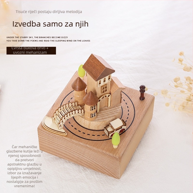 Drvena glazbena kutija s karuselom — tema Dvorac na nebu, prilagođeni logotip, polirana površina, polu-manualni/poluo-mehanički pokret