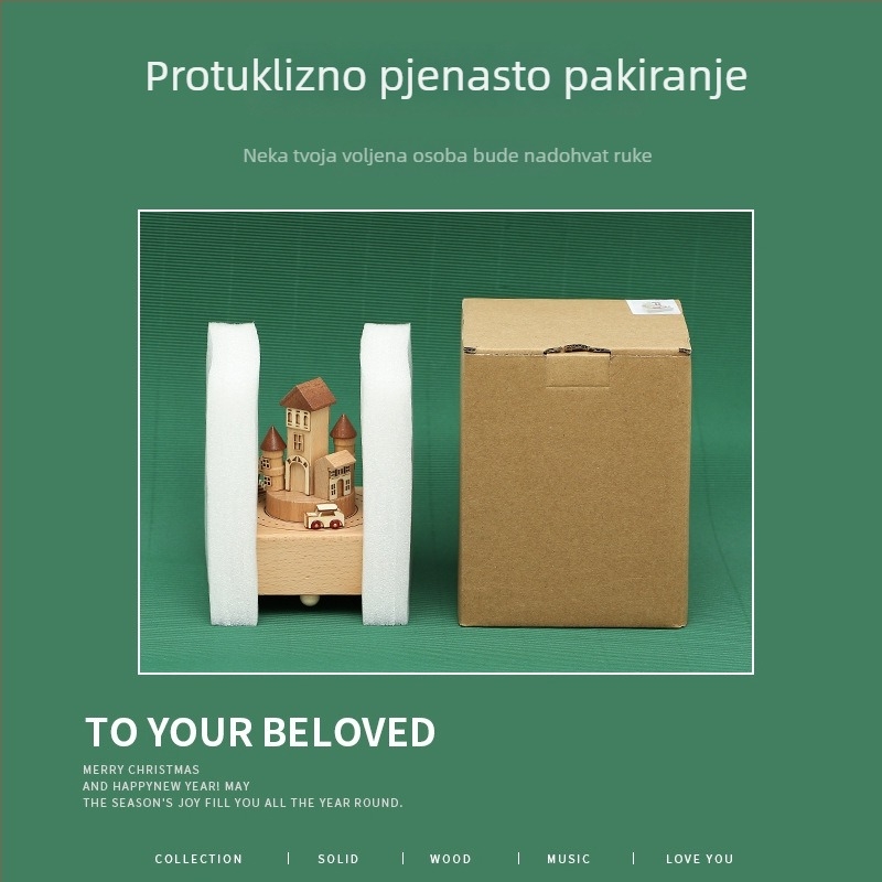 Drvena glazbena kutija s karuselom — tema Dvorac na nebu, prilagođeni logotip, polirana površina, polu-manualni/poluo-mehanički pokret
