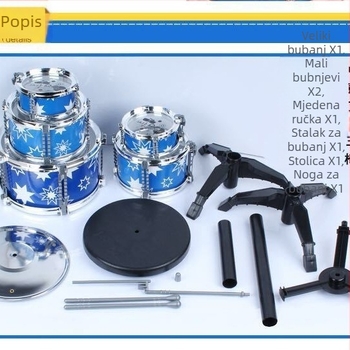 Plastični dječji set bubnjeva – Chengke Toys, pakiranje u šarenoj kutiji, pogodan za uzrast 15–35 godina, potiče vizualni razvoj i koordinaciju ruka-oko, interaktivna glazbena igračka
