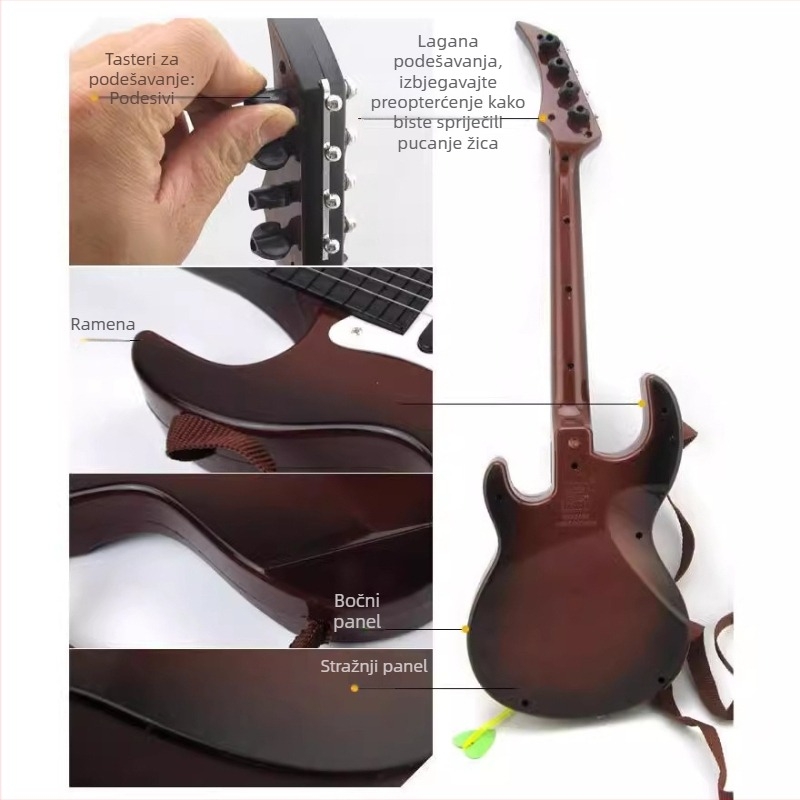 Dječja gitara/bas igračka - (plast materijal; za djecu 4–6 godina; razvija vid, hvatanje, senzornu percepciju i koordinaciju ruka-oko)
