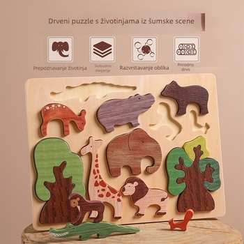 Drvena obrazovna slagalica za djecu – plosna slagalica s životinjama iz šume na šumskoj sceni, ručni panel za držanje, DIY-friendly, OEM prilagođavanje logotipa, uzrast 4–6 godina