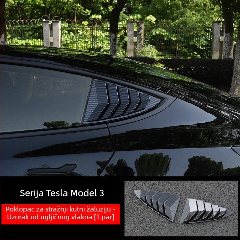 Auto naljepnica za Tesla Model 3/Y — karbonska vlakna za stražnje trokutasto staklo, dekorativna naljepnica, ugradnja usisnim čašicama, uzorak teksta