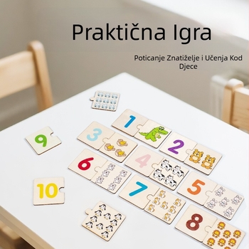 Drveni edukativni set slagalica i građevinskih blokova za djecu – plosne slagalice za ranu matematiku i brojanje, prilagođene crteže, pakiranje u šarenu kutiju, uzrast 4–6 godina