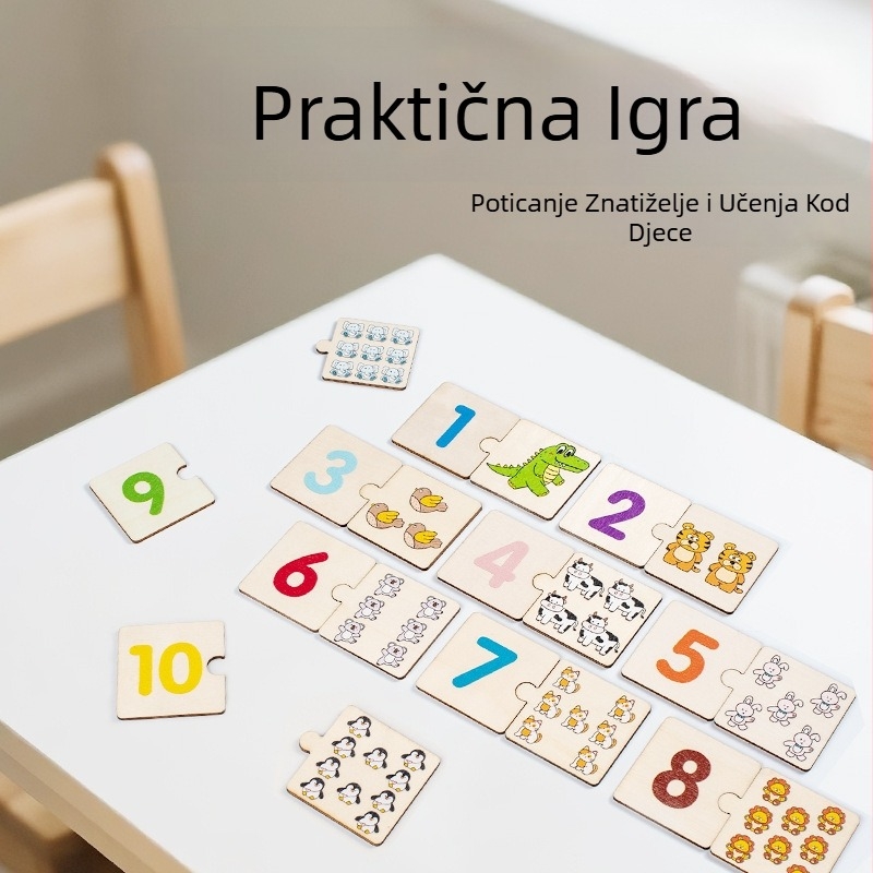 Drveni edukativni set slagalica i građevinskih blokova za djecu – plosne slagalice za ranu matematiku i brojanje, prilagođene crteže, pakiranje u šarenu kutiju, uzrast 4–6 godina