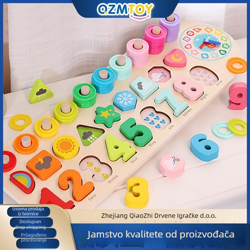 Drveni blokovi četiri u jedan s pločom voća — edukativni 3D puzzle za djecu (4–6 godina), zbrajanje i oduzimanje, DIY