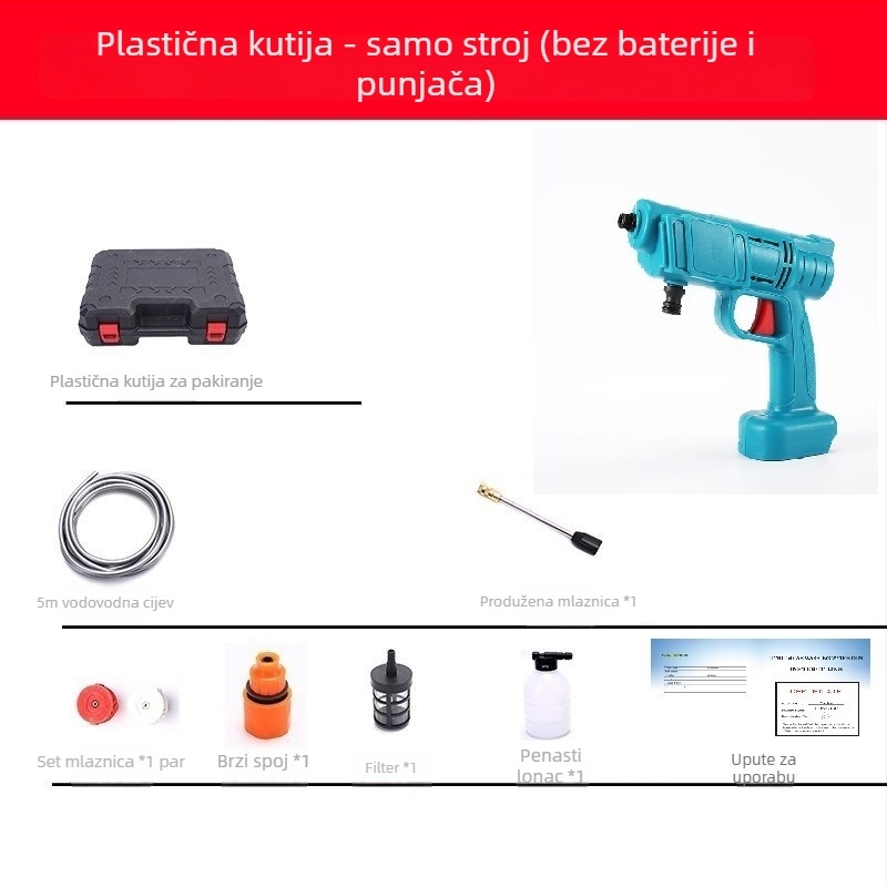 Prijenosni bežični pištolj za pranje automobila s litijskom baterijom, visokotlačna pumpa — 21 V, 3 MPa, 3 L/min, 5 m crijevo