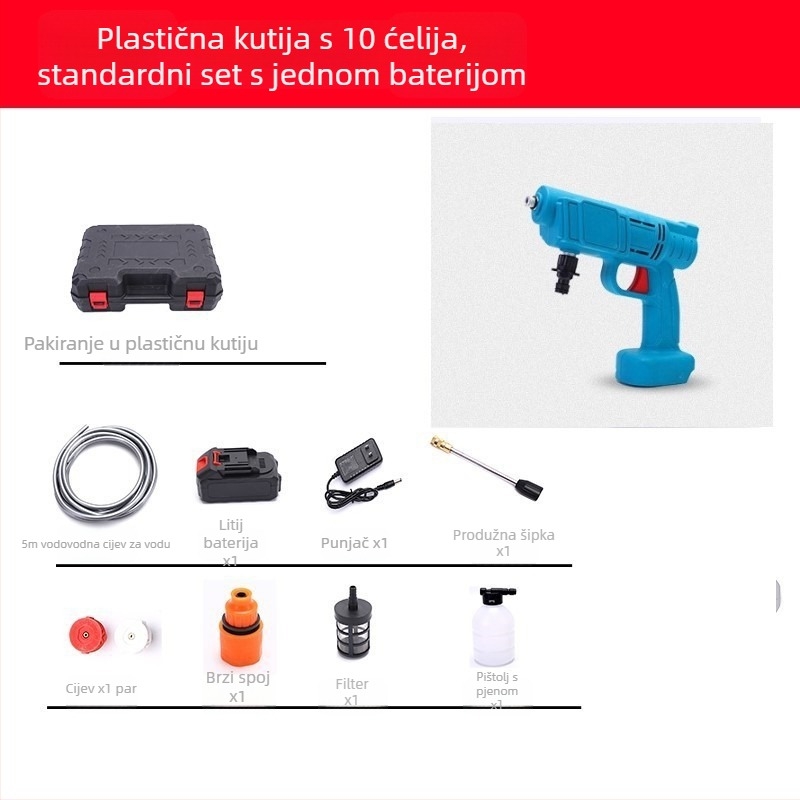 Prijenosni bežični pištolj za pranje automobila s litijskom baterijom, visokotlačna pumpa — 21 V, 3 MPa, 3 L/min, 5 m crijevo