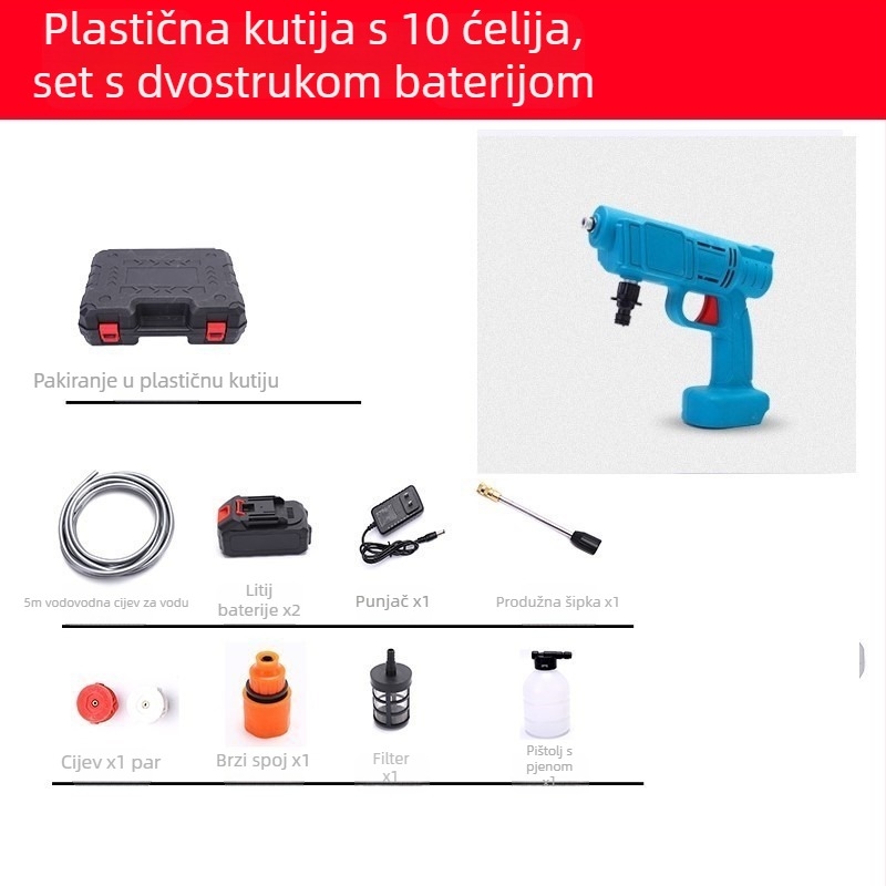Prijenosni bežični pištolj za pranje automobila s litijskom baterijom, visokotlačna pumpa — 21 V, 3 MPa, 3 L/min, 5 m crijevo