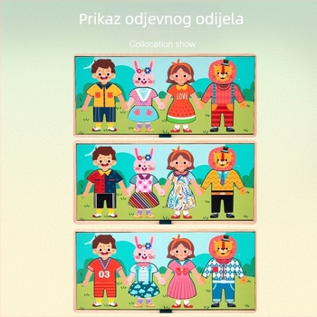 Drvena obrazovna igra za predškolski razvoj: višefunkcionalna igra puzzle za igru kuće i oblačenje, prilagodljiva, za djecu 4–6 godina.