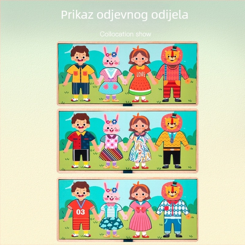 Drvena obrazovna igra za predškolski razvoj: višefunkcionalna igra puzzle za igru kuće i oblačenje, prilagodljiva, za djecu 4–6 godina.