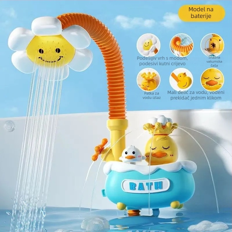 Dječja kupalna igračka u obliku patke s električnim raspršivanjem vode; plastika; funkcije: električno raspršivanje vode; automatsko usisavanje vode; usisavanje vodom jednim pritiskom; pogodno za dob 0–3 godine; 3C certifikacija