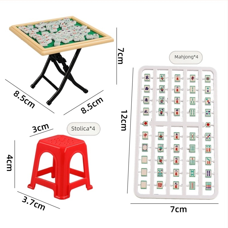 Mini Mahjong stol za kućicu lutaka s kompletnim setom malih stolaca, simulirani namještaj sobe za igru, plastika, za uzrast 7–14 godina