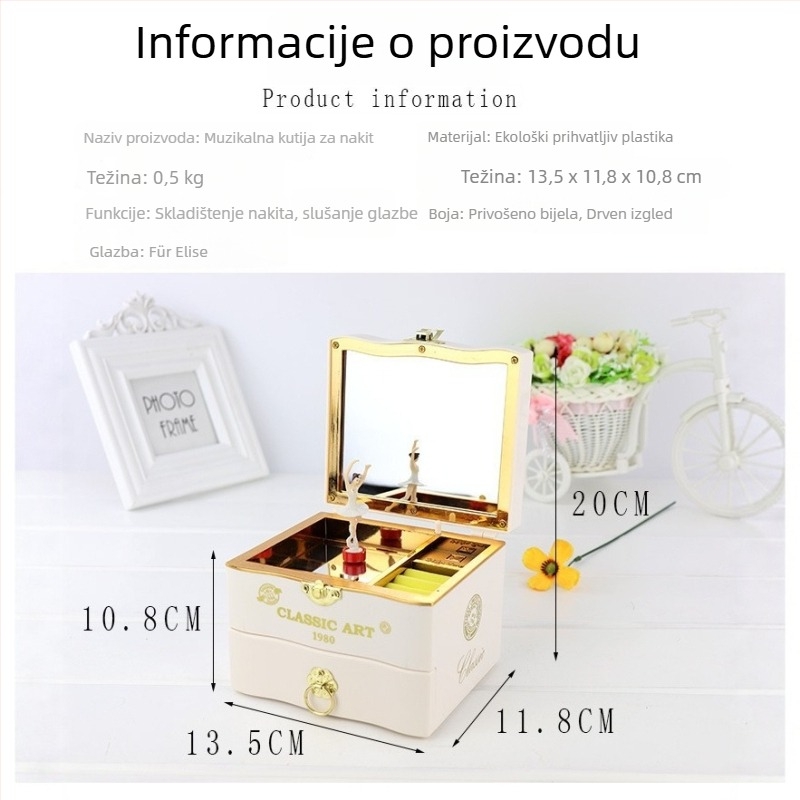 Glazbena kutija za nakit s rotirajućom balerinom, melodija s osam nota, plastično kućište | Model EM-YZL2047 | Poklon za rođendan