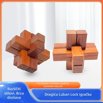 Drveni puzzle Kongming Lock / Luban Lock – interaktivno, materijal Redwood, prilagodljiva obrada, uzrast 7–14 godina