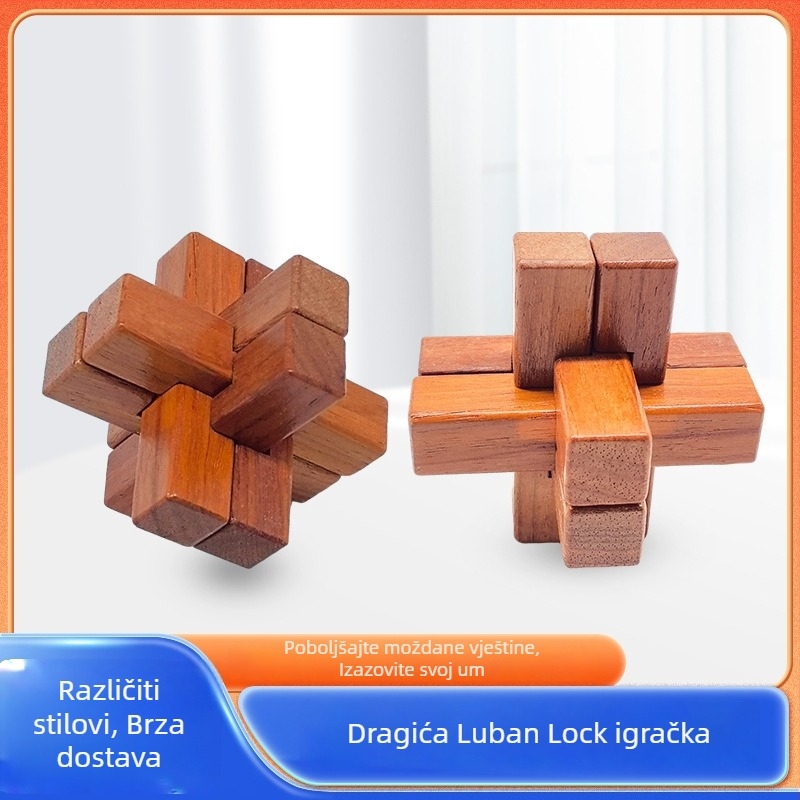 Drveni puzzle Kongming Lock / Luban Lock – interaktivno, materijal Redwood, prilagodljiva obrada, uzrast 7–14 godina