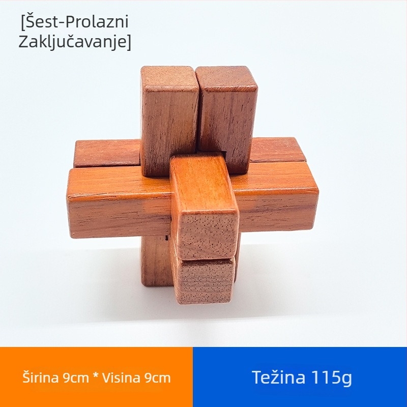 Drveni puzzle Kongming Lock / Luban Lock – interaktivno, materijal Redwood, prilagodljiva obrada, uzrast 7–14 godina