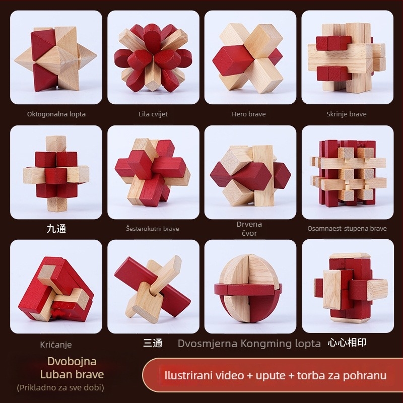 Drveni puzzle s Kong Ming / Lu Ban lock za djecu 7–14 godina; materijal: drvo; funkcija: otključavanje prstena; pakiranje: šarena kutija