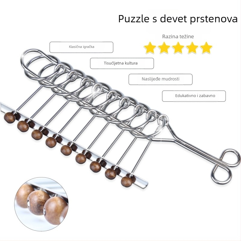 Metalni puzzle s devetom lanaca – mozgalica za vježbu mozga za djecu i odrasle; Materijal: željezna žica; Kategorija: metalni puzzle s devet lanaca; Dob: 7–14 godina.
