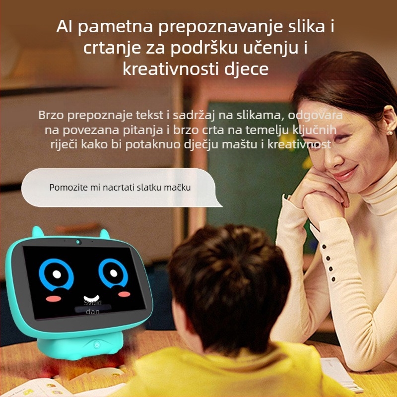 Robot za ranu edukaciju s inteligentnim prepoznavanjem glasa, 8 GB memorije, LCD zaslon, punjiva litijska baterija i kompatibilnost s mobilnom aplikacijom
